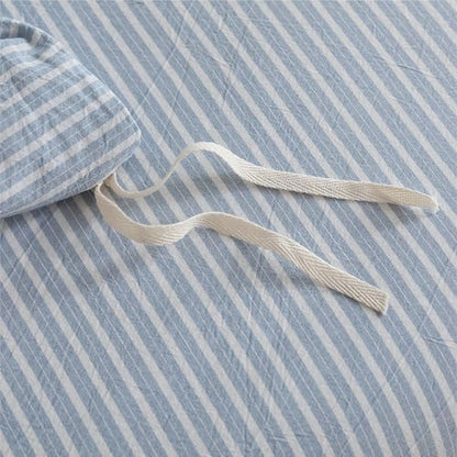 JIYUAN Queen Washed Cotton Duvet Cover Set, 3-Piece, Linen-Like Pinstripe