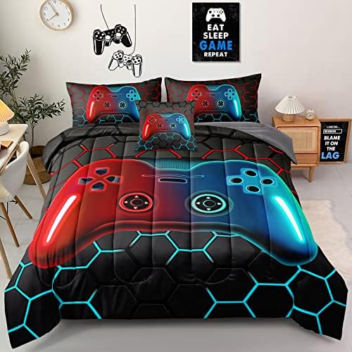 6 Pieces Gaming Bedding Set Full Size for Boys Gamer Comforter Set for Boys Girls Kids Teens 6 Piece Bed in A Bag Video Game Bedding for Gamer Room Decorative Full49