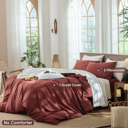 MooMee Striped Duvet Cover Set 100% Washed Cotton Linen Like Queen