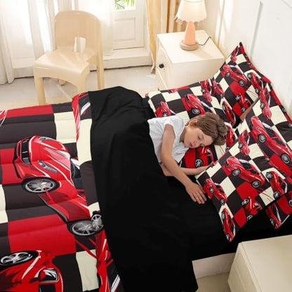 Erosebridal Red Racing Car Full Bed in A Bag for Boys, Cool Speed Race Car Comforter Set with Sheets for Kids Youth Men Teens, Extreme Sport 7 Pcs Bedding Set, Grid Buffalo Bed Sets