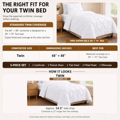 HIMEET Twin Comforter Set White - 5 Pieces Pintuck Bed in a Bag