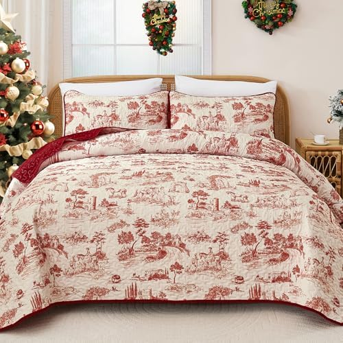 Drucon Queen Red Quilt Set,Christmas Toile Lightweight Bedspreads Coverlet Bedding Set,Soft Microfiber Quilt Bed Cover for All Season - 3 Piece (1 Quilt,2 Pillow Shams)