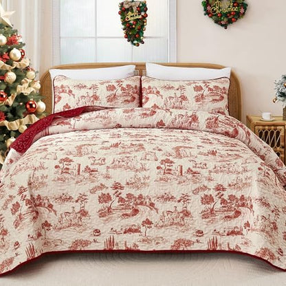 Drucon King Red Quilt Set,Christmas Toile Lightweight Bedspreads Coverlet Bedding Set, Soft Microfiber Quilt Bed Cover for All Season - 3 Piece (1 Quilt, 2 Pillow Shams)