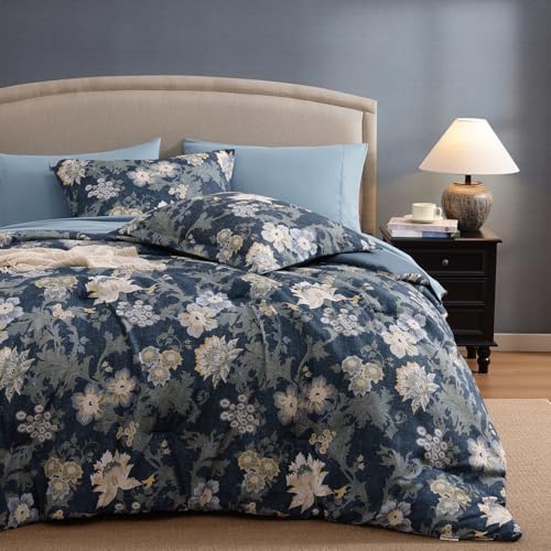 BLOOMHAVEN King Size Comforter Set-7 Pieces Blue Floral Bed in a Bag King