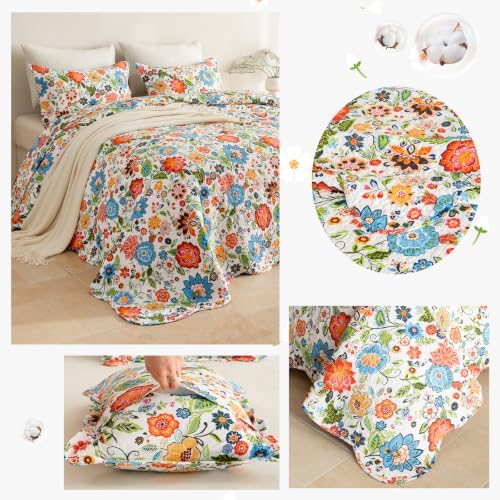 Lady Ann 100% Cotton Floral King Quilt Set, Vibrant Multicolor Folk Flowers Print Quilted Bedspread & Coverlet Set, 3 PCS Lightweight Extra Soft Bohemian Farmhouse Scalloped Edge Bedding Cover