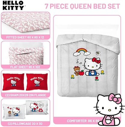 Sanrio Hello Kitty Queen Comforter Set 7 Piece Bedding for Girls, Grey