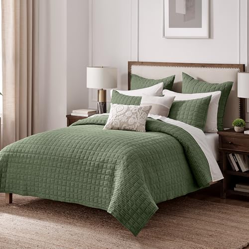 Levtex Home Cloud Waffle Twin XL/Twin Quilt Set (68x86in) with 1 Pillow Sham (26x20in) - Box Quilted Waffle Cotton Texture - Forest Green - Cotton Twin Size Quilt Bedding Set - Lightweight Soft