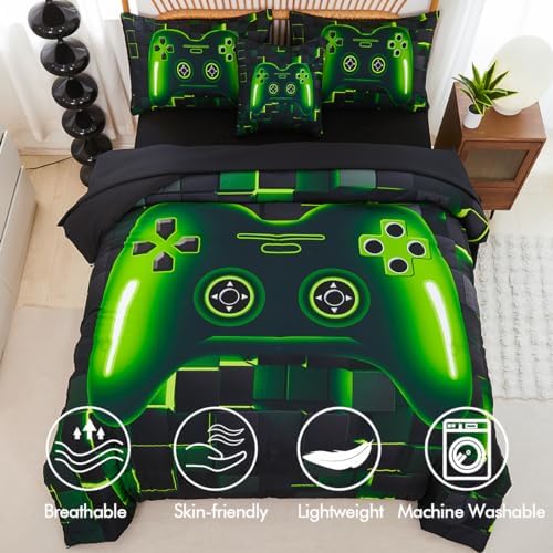 PERFEMET 6 Pcs Gaming Bedding Set Queen Size Green Game Console Kids Bed in A Bag 3D Black Gamer Comforter Set with Sheets for Boys Teen Lightweight Video Gamepad Bedroom Set(Green, Queen)