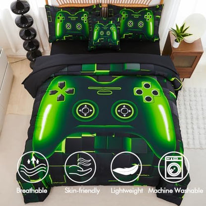 PERFEMET 6 Pcs Gaming Bedding Set Queen Size Green Game Console Kids Bed in A Bag 3D Black Gamer Comforter Set with Sheets for Boys Teen Lightweight Video Gamepad Bedroom Set(Green, Queen)