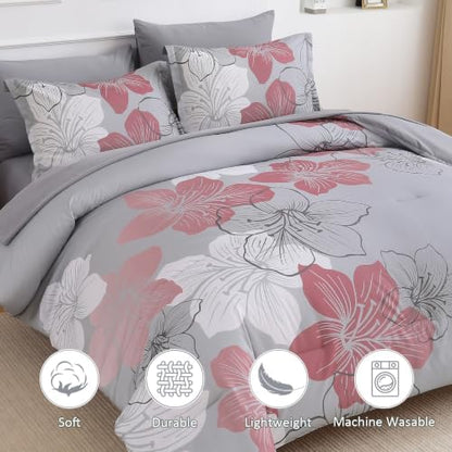 Luxudecor Grey Pink Comforter Set Queen Size, 7 Pieces Floral Bed in a Bag