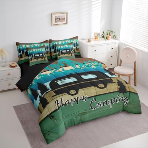 Erosebridal Happy Camping 7 Pieces Bedding Set King Size,Retro Wood Camp Camper Bed in a Bag,Travel RV Bed Set Includes Comforter,Sheet Set,Pillowcases & Pillow Covers,Vintage Farmhouse Bedroom Decor