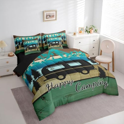 Erosebridal Happy Camping 7 Pieces Bedding Set Queen Size,Retro Wood Camp Camper Bed in a Bag,Travel RV Bed Set Includes Comforter,Sheet Set,Pillowcases & Pillow Covers,Vintage Farmhouse Bedroom Decor