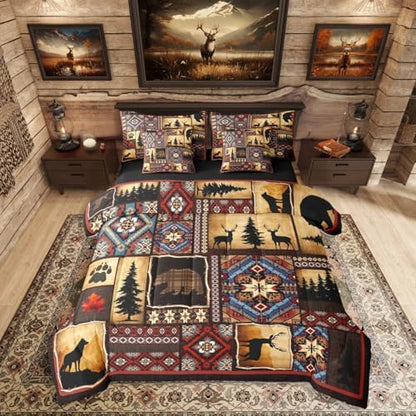 Erosebridal 7 Piece Rustic Cabin Plaid Comforter Set Queen,Rustic Farmhouse Aztec Bedding Sets For Kids Teens Men,Retro Hunting Wild Animals Bed in a Bag With Sheets,Country Woodland Pine Tree Bed Set