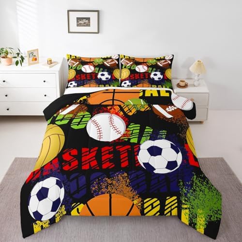 Ball Sports Games Bedding Set Queen Size Football Basketball Rugby Comforter for Child Teens Boys Colorful Tie Dye Graffiti Down Comforter Bedroom Decor Geometric Duvet Insert with 2 Pillowcases