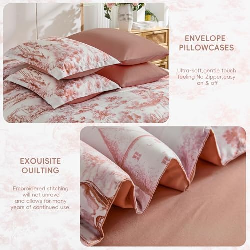 Blush Pink Queen Comforter Set, 7 Pieces Bed in a Bag French Toile Comforter with Sheets, Soft Lightweight Microfiber Botanical Complete Queen Size Bedding Set for All Season