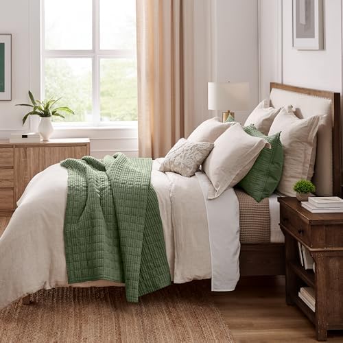Levtex Home Cloud Waffle Full/Queen Quilt Set (88x92in) and 2 Pillow Shams (26x20in) - Box Quilted Waffle Texture - Forest Green - Cotton Full/Queen Size Quilt Bedding Set - Lightweight Soft