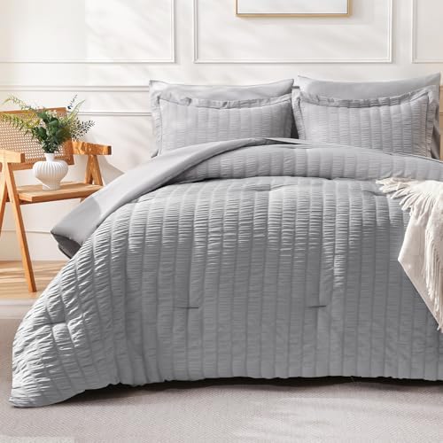 FreshCulture Comforter Set Seersucker 5 Pieces, All Season Bedding Set Twin XL, Bed in a Bag Comforter Set with Comforter, Flat Sheet, Fitted Sheet, Pillowcase and Pillow Sham, Light Grey