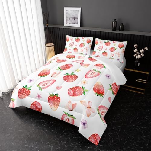 Girls Comforter Set，Cute Comforter Set for Girls Kids 3 Pieces Bedding Set King Size,Cartoon Strawberry Bed Set Lightweight Soft Microfiber Warm Down Alternative All Season With 2 Pillowcase