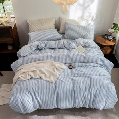 FOSSA Striped Duvet Cover Set 100% Washed Cotton Linen Feel King