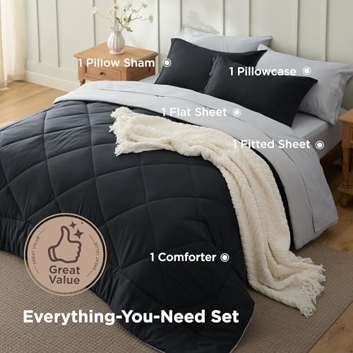 Bedsure Twin Comforter Set Reversible Bed Set 5 Pieces Black/Silver Grey
