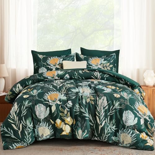 Luxudecor King Comforter Set 7 Pieces Bedding Sets, Dark Green Floral Comforter and Sheet Set, Soft Microfiber Bed in a Bag for All Seasons (Dark Green,104"x90")