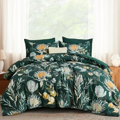 Luxudecor King Comforter Set 7 Pieces Bedding Sets, Dark Green Floral Comforter and Sheet Set, Soft Microfiber Bed in a Bag for All Seasons (Dark Green,104"x90")