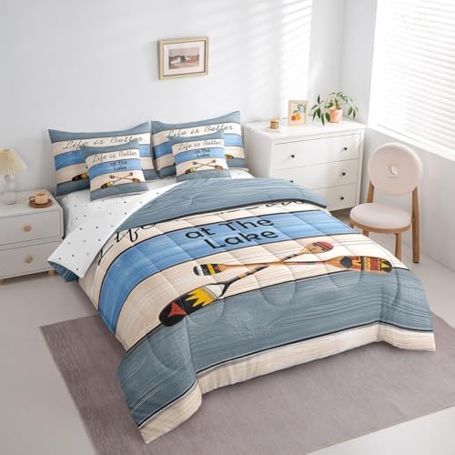 Erosebridal Lake House Bedding Set for Kids Teens,Boat Paddle Comforter Set Full Size,Blue Wooden Plank (Comforter+Fitted+Flat Sheet+2 Pillowcases+2 Throw Pillow Covers) 7 Pieces Bed Set