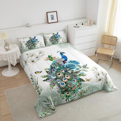 Teens Peacock Comforter Set Queen Size,Butterfly and Floral Bedding Set for Kids Boys Girls Bedroom Decoration,Retro Chinese Style Bed Duvet Insert,Watercolor Feathers Comforter with 2 Pillowcases