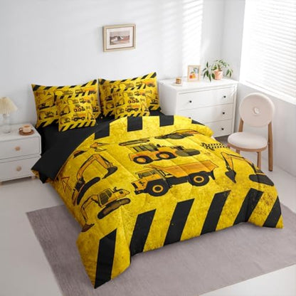 Erosebridal Kids Construction Twin Size Comforter Set, Boys Cartoon Car 7-Piece Bed in A Bag, Cartoon Machinery Truck Sheets and Pillowcases, Yellow Tractor Excavator Bedding Set Room Decor