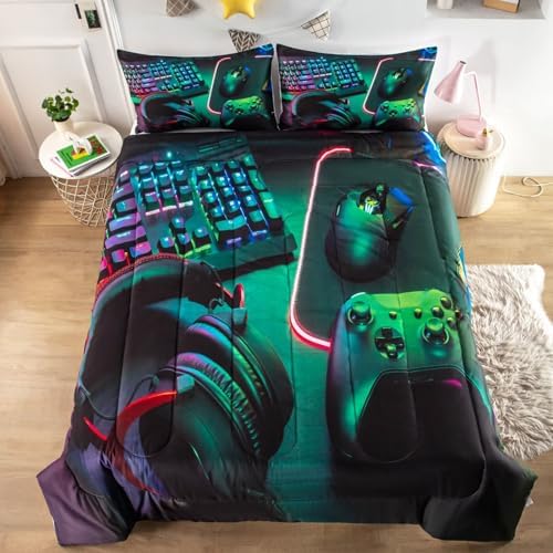 Gamer Comforter Sets for Teen Boys,Gaming Bedding Sets Full,Video Game Bedspread,Game Gamepad Bed Set,Controller Bedding Gamer Home Decor 3 Piece