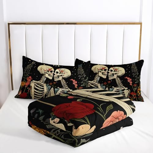 Black Gothic Skull Flower Queen Comforter Set，Quilt Queen Size Bedding Set Gothic，with 1 Comforter with 2 Pillow Case，Skull Room Decor for Bedroom