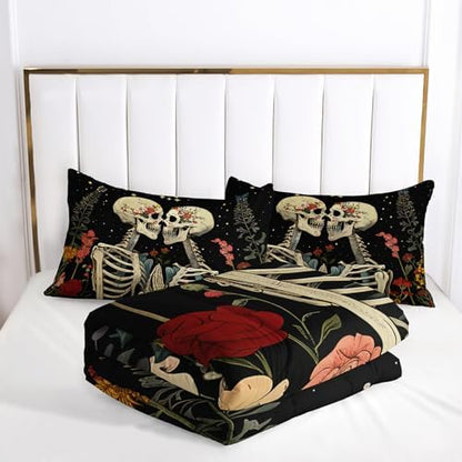 Black Gothic Skull Flower Twin Comforter Set，Quilt Twin Size Bedding Set Gothic，with 1 Comforter with 2 Pillow Case，Skull Room Decor for Bedroom
