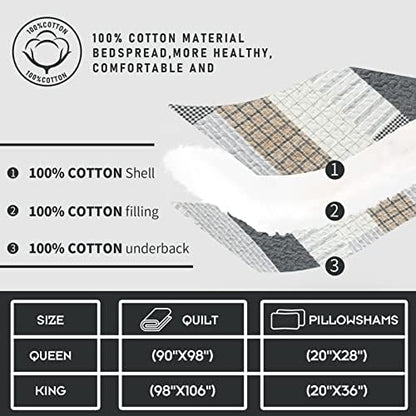 Finlonte Quilt King Size 100% Cotton King Size Quilts Grey Black Brown Quilted Bedspreads Plaid Comforter Set Lightweight Reversible Soft Breathable Bedding Sets for All Season, 3 Pieces