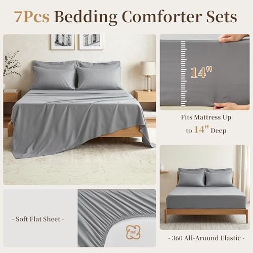 California King Size Comforter Set 7 Pieces - Soft Bed in a Bag King Bed Set, Cozy Luxury Bedding Sets with All Season Comforter, Flat Sheet, Fitted Sheet, 2 Pillowcases & 2 Shams, Light Gray