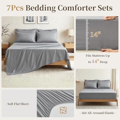 California King Size Comforter Set 7 Pieces - Soft Bed in a Bag King Bed Set, Cozy Luxury Bedding Sets with All Season Comforter, Flat Sheet, Fitted Sheet, 2 Pillowcases & 2 Shams, Light Gray
