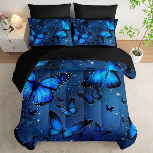 7Pcs Blue Butterfly Comforter Set Animals Printed Bedding Set with 1 Comforter, 1 Flat Sheet, 1 Fitted Sheet and 4 Pillowcases for Boys and Girls Bedroom (Butterfly Queen