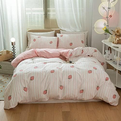 Cute Strawberry Duvet Cover Twin XL Soft 100% Cotton Pink Strawberry Bedding Sets Lightweight Kids Fruit Duvet Cover for Boys Girls Kawaii Bedroom Decor Reversible Pink Plaid Twin XL Bedding Set