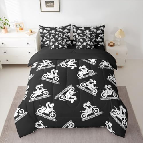 Feelyou Motocross Stunt Silhouette Comforter Set with Sheets 7 Piece Twin Sporty Stunt Design Bed in a Bag Dirt Bike Bedding Set Outdoor Sports Room Decor Motorcycle Art Breathable Soft Lightweight