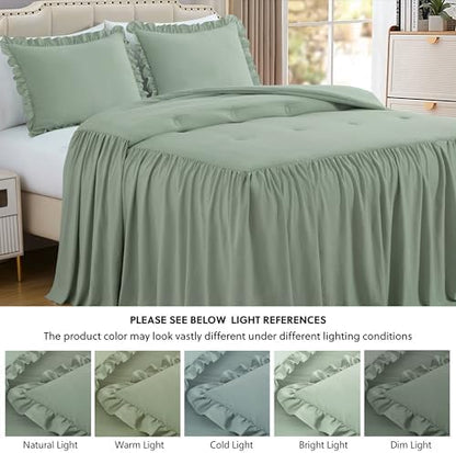 Chezmoi Collection Sinclair 3-Piece Ruffle Skirt Bedspread Set - Soft Lightweight Crinkle Texture Microfiber Bedding - French Country Chic Farmhouse - Queen, Sage Green