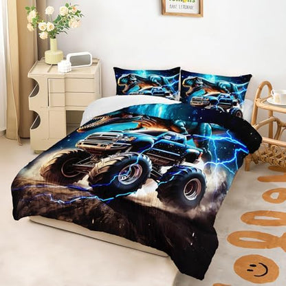 AILONEN Kids Dinosaur Comforter Monster Truck Bedding Twin Size,3D Space Galaxy Dinosaur Comforter Set,Monster Bedding for Boys,3-Piece,1 Comforter + 2 Pillowcases