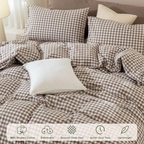 JIYUAN Full Washed Cotton Duvet Cover Set, 3-Piece,Classic Gingham