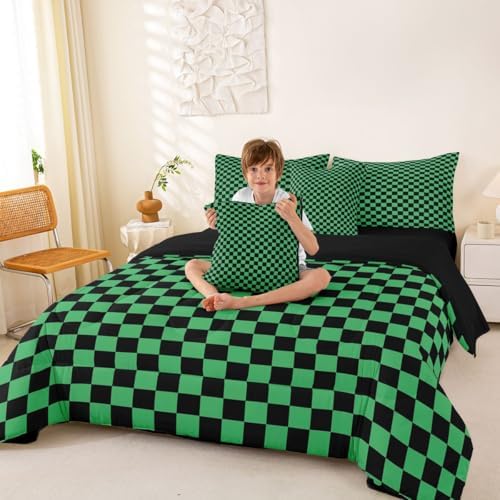 jejeloiu Green Black Plaid Comforter Set with Sheets 7 Piece Queen Size Checkered Classic Bed in a Bag Kids Boys Girls Grid Geometric Bedding Set Bedroom Decor Breathable Soft Lightweight Microfiber
