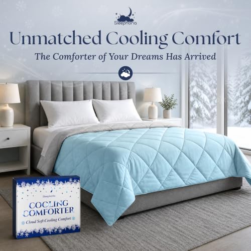 Cooling Comforter - BreezeWeave Cooling Blanket Full Size for Hot Sleepers & Deep Rest - Cloud Soft, Breathable, Ultra Durable, Easy Care, Reversible - 86 x 82 in (Blue & Light Grey)