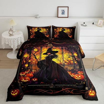 Fairy Witch Kids Comforter Set Twin Size,Halloween Pumpkin Lantern Lamp Gothic Retro Bedding Set,Girls Boys Room Decor,Branch Dead Magical Quilt Comforter,Trippy Chic Duvet Insert,1 Pillowcase