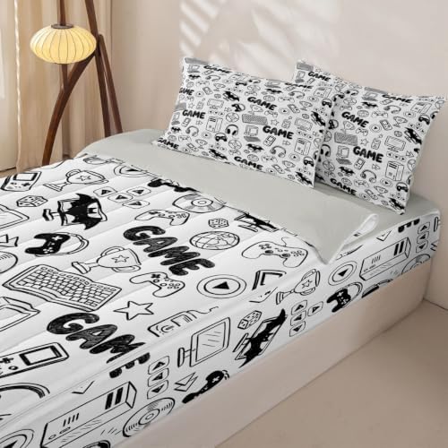 Feelyou Gamer Zipper Bedding for Gaming Queen Comforter Set with Fitted Sheet 2 Pillowcases Game Room Decor Bed in a Bag Teen boy Room Decor Soft Lightweight Microfiber