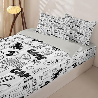 Feelyou Gamer Zipper Bedding for Gaming Queen Comforter Set with Fitted Sheet 2 Pillowcases Game Room Decor Bed in a Bag Teen boy Room Decor Soft Lightweight Microfiber