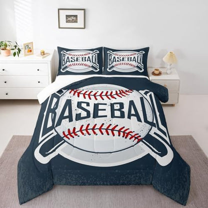 Manfei Baseball Comforter Set King Size Sports Theme Bedding Set 3pcs for Kids Boys Teens Bedroom Decor, Vintage Sports Baseball Gaming Duvet Insert Navy Blue Quilted Duvet with 2 Pillowcases