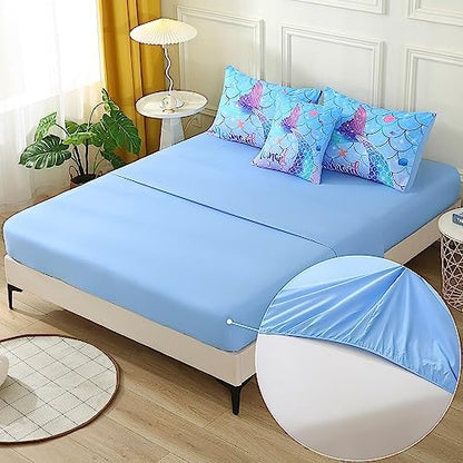 JQinHome Mermaid Comforter Set Full Size, 6 Piece Mermaid Tail Bed in A Bag,3D Colorful Mermaid Bedding Set for Girls Kids, Sparkle Teal Bedroom Decor Bedding Set with Sheets (Blue)