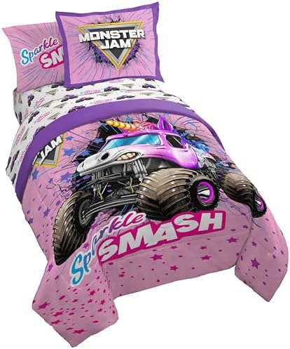 Monster Jam Full Comforter Set 7 Piece Kids Bedding for Girls, Pink