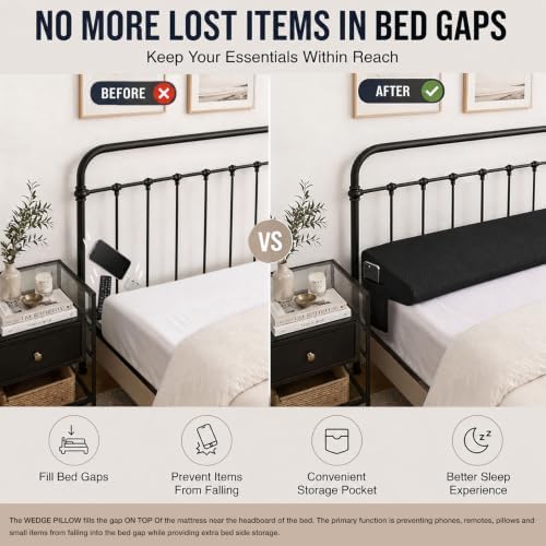 King Bed Wedge Pillow for Headboard & Mattress Gap Filler 10x6x76in Black